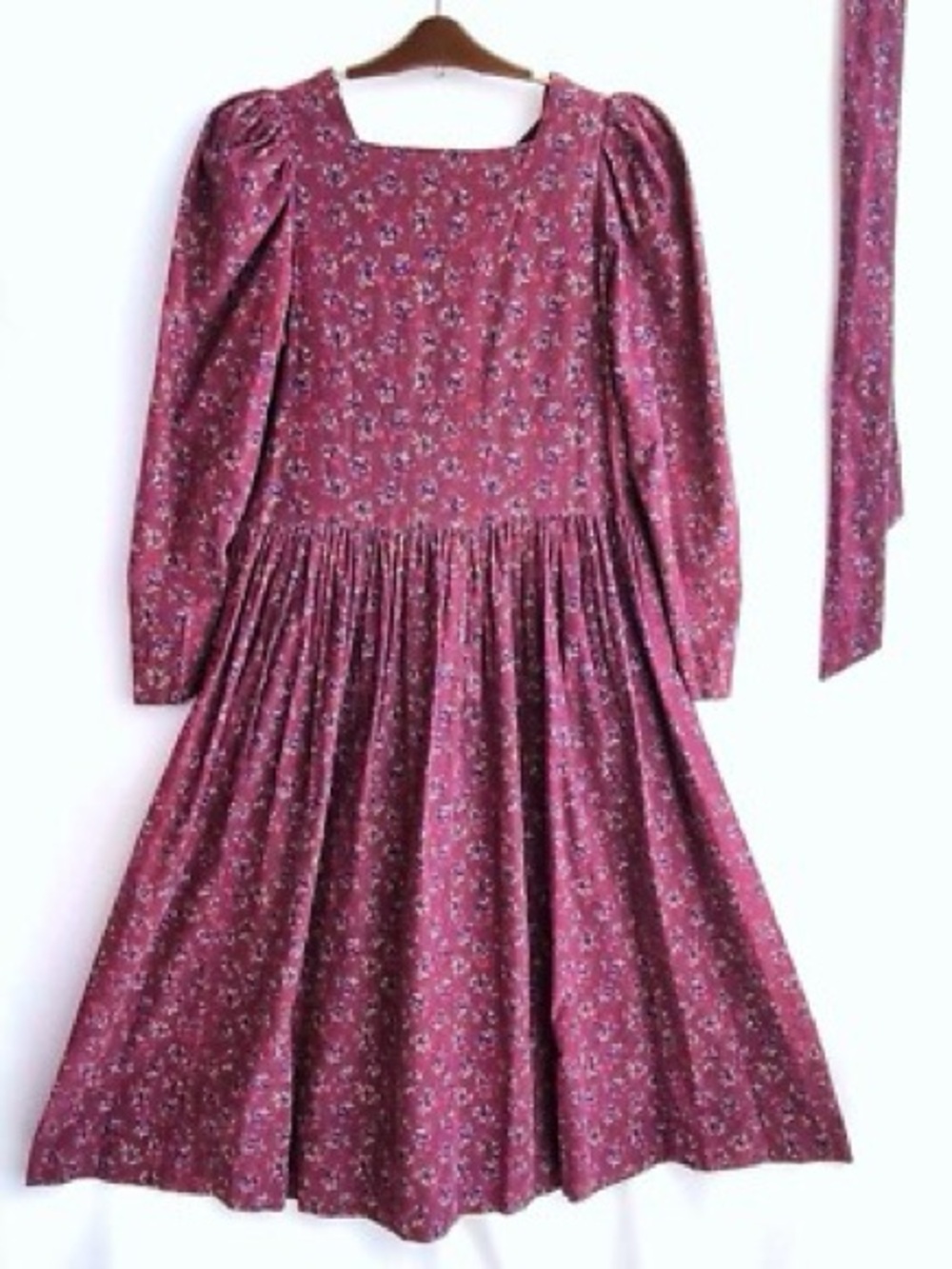 VTG Laura Ashley Corduroy Bordeaux Floral Long puff Sleeve Dress USA 10 UK 12